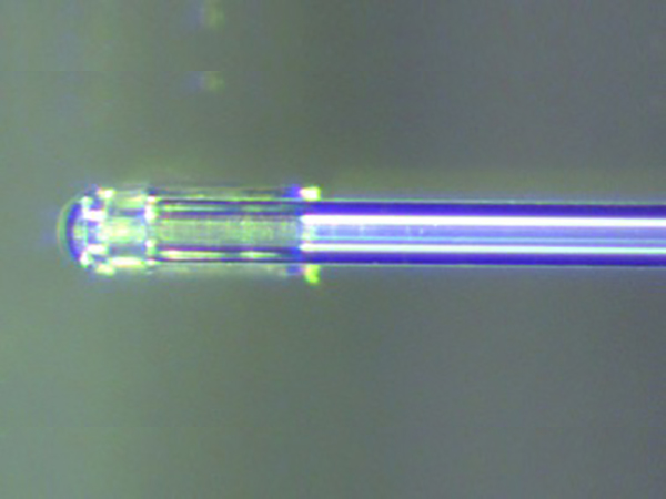 Fibre insérée dans le composant avec à son extrémité la lentille de collimation.